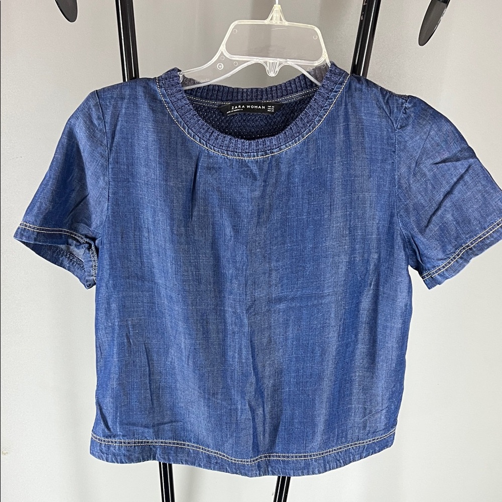 Zara Blue Denim Short-Sleeve Blouse sweater backing